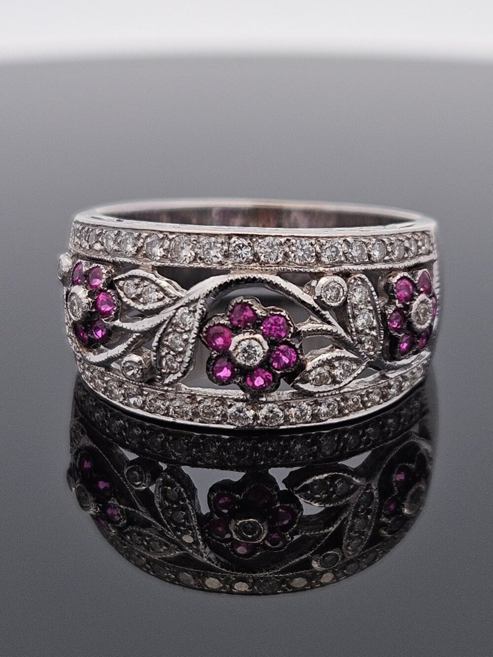 LeVian 18K White Gold Ruby Flower Diamond Wide Band Cocktail Ring Size 10